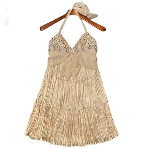 BCBGMaxAzria champagne silk halter dress